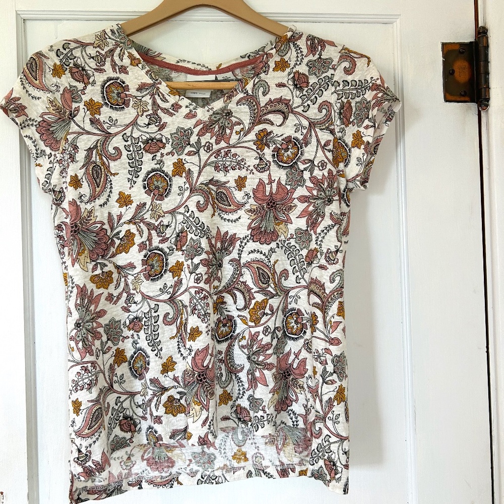 Rachel Zoe White 100% Linen Paisley Multicolor Floral Short Sleeve Blouse Top